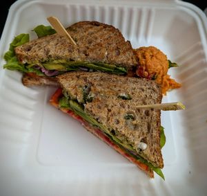 A.L.T. with a side of sweet potato salad at Pulp + Sprout Juice Bar and Vegan Cafe in Asheville