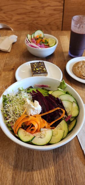 Kitchari, upbeet salad, shortbread, chocolate chip cookie at Pulp + Sprout Juice Bar and Vegan Cafe in Asheville