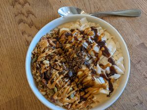Peanut butter espresso smoothie bowl at Pulp + Sprout Juice Bar and Vegan Cafe in Asheville