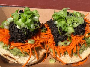 Veggie delight on onion bagel, no cream cheese, sub guac 🤤 at Los Bagels in Eureka
