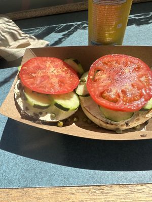 Tofu spread with capers cucumber and tomato   at Los Bagels in Eureka