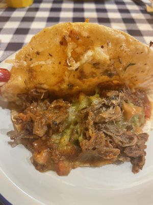 Inside of the mushroom fable quesadilla   at La Tortilleria in Kensington