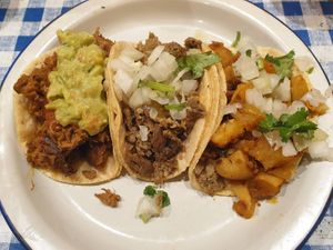 Barbacoa taco; Asada taco; Potato + chorizo taco at La Tortilleria in Kensington