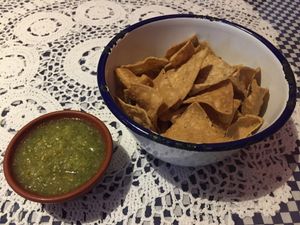 Totopos (corn chips) with salsa verde at La Tortilleria in Kensington