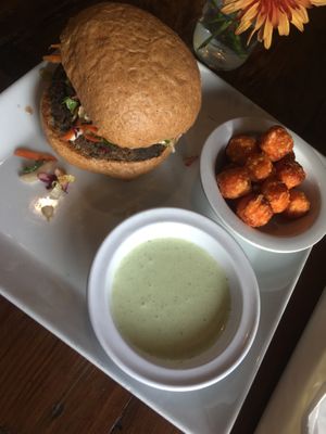 old popup version of Mac Daddy Burger with sweet potato tots and extra ranch at VegeNation in Las Vegas