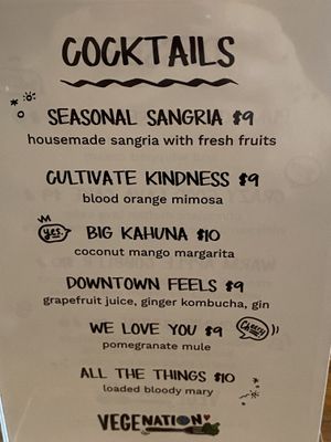 Cocktail menu at VegeNation in Las Vegas