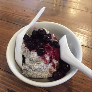 bread pudding with chia seeds and blueberries  at VegeNation in Las Vegas