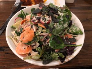 The Torre Washington — a big bowl of spinach and healthy whatnots, with brown rice and black beans underneath. My new go-to. at VegeNation in Las Vegas