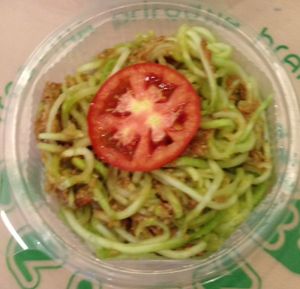 Zucchini spaghetti in tomato-cashew nuts sauce - raw and vegan :-) at Zelena in Pula