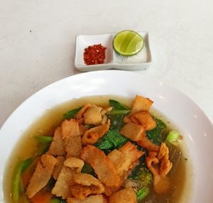 Flat noodle soup with vegan chicken at Babaloo Restaurant and Uma's Kitchen in Koh Tao