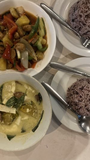 Green curry with “fish” and sweet and sour “chicken"  at Babaloo Restaurant and Uma's Kitchen in Koh Tao