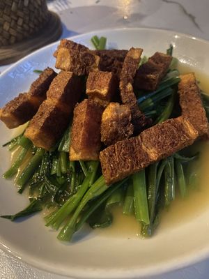 Morning Glory with mock pork  at Babaloo Restaurant and Uma's Kitchen in Koh Tao