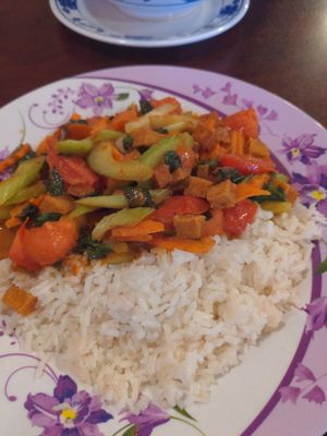 Vegetable tofu with rice at Phnom Penh in North Olmstead