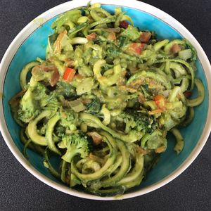 veggie style zucchini spaghetti with avocado pesto. at Raw Power in Newport