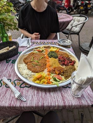 Vegan plate on the right, spicy red lentils on the left at Addis Ababa in Amsterdam