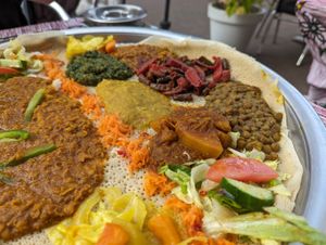 Vegan plate on the right at Addis Ababa in Amsterdam