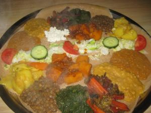 Combination plate (vegetarian on the far side, with the cottage cheese, vegan the near side - exactly the same but without the cottage cheese) at Addis Ababa in Amsterdam