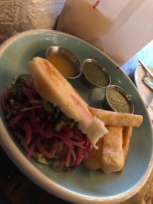 Vegan Caribbean Chickpea Arepa with Yuka fries at Hola Arepa in Minneapolis