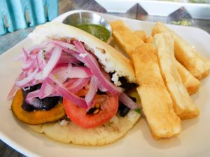 black bean and sweet potato arepa at Hola Arepa in Minneapolis