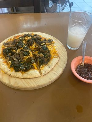 Vegan pizza @ coconut milk  at Mary Restaurant Vegetariano in Puerto Vallarta