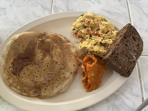 Pancake, tofu scramble, toast and a cheese tortilla  at Mary Restaurant Vegetariano in Puerto Vallarta
