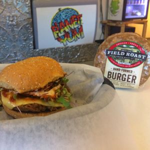 field roast burger we also have a gluten free burger too.  at Planet Yum in Vero Beach