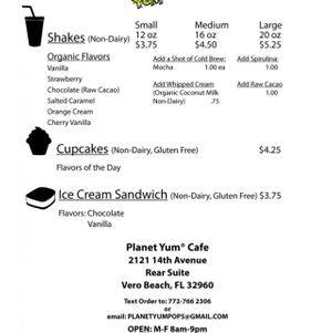menu back  at Planet Yum in Vero Beach