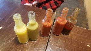 From mild to spicy/hot: pinapple, verde, chipotle, roja, macha at Momencik in Warsaw