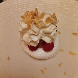 Vegan meringue, raspberry sorbet, fresh raspberry a & pineapple, and soy whipped cream at Konnubio in Florence