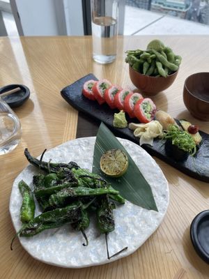 Shishito, sushi set & edamame at Sushi Samba in London