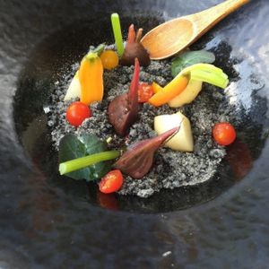 Baby veg in this amazing creamy something or other topped with ash looking something that was a truly exciting and scrum my dish!  at Sushi Samba in London