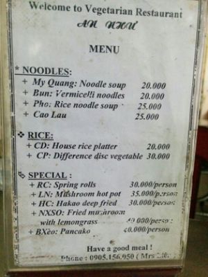 food menu at An Nhu in Hoi An