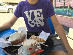Here's some of what we got and the roll thing on the left was 2 Euros and was the best thing we got. The soy cappuccino was good too! at Fratelli Piermattei in Rome