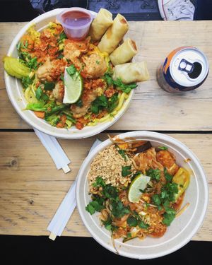 Pad Thai + fried chickn dish at King CookDaily in East London