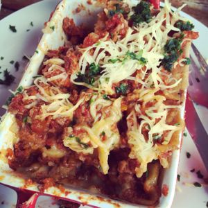 We were so keen to dig in, we almost forgot the photo. Yummy lasagne. at Just FaB - Food Bus in East London