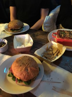 Cheeseburger, lasagna and panelle  at Just FaB - Food Bus in East London