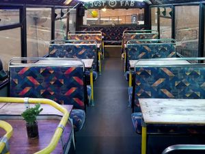 upstairs on the bus at Just FaB - Food Bus in East London
