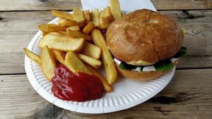 Burger - not enough ketchup to serve, burger patty disappointing at Just FaB - Food Bus in East London