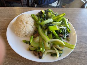 Chinese Broccoli and Mushrooms 🍄 with 🍚 at The Purple Mint - El Cajon Blvd in San Diego