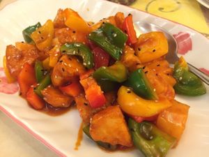 Sweet and sour lions mane mushroom at Joyous Vegetarian in Kowloon