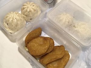 Vegan BBQ Buns and deep fried sweet potatoes Dim Sum takeout. at Joyous Vegetarian in Kowloon