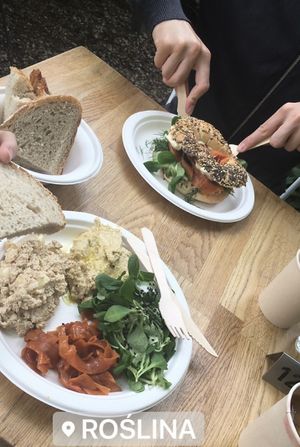 Mixed breakfast and bagel with vegan salmon   at Roslina in Warsaw
