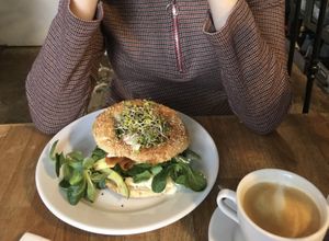 Bagel with cream cheese and vegan salmon   at Roslina in Warsaw