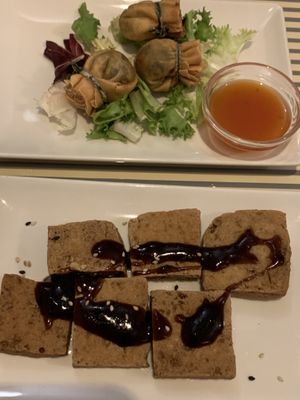 starters: vegan dimsum and tofu shashlyk  at Vegesana & One Ramen in Barcelona