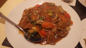 Soya protein and veg with sauce at Vegesana & One Ramen in Barcelona