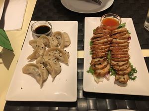 gyoza and water chestnut cake at Vegesana & One Ramen in Barcelona