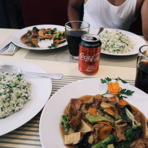 Seitan con setas y bambu, with arroz frito con verduras (without eggs) at Vegesana & One Ramen in Barcelona