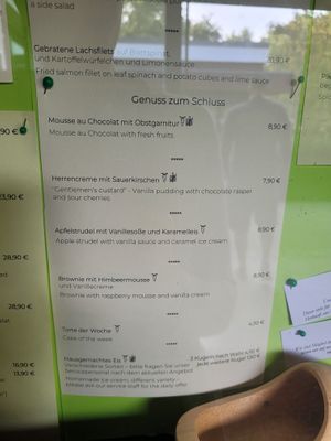 Dessert menu. Desserts are all vegan in the restaurant at Landhaus Beckmann in Kalkar