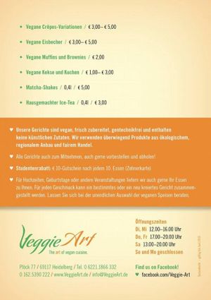 New menu and opening hours - April 2015 at VeggieArt in Heidelberg