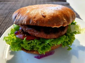 Mushroom burger with Beyond Burger patty and wholegrain bun at Fleischfrei in Dusseldorf